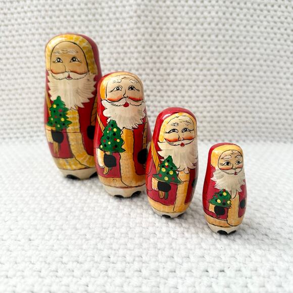 Vintage Hand Paint Folk Art 4 Primitive Santa Nesting Doll Set Wooden Matryoshka - Picture 1 of 7